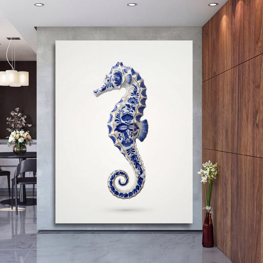 Luxury canvas print with a blue-and-white porcelain seahorse, lifestyle photo in a modern office