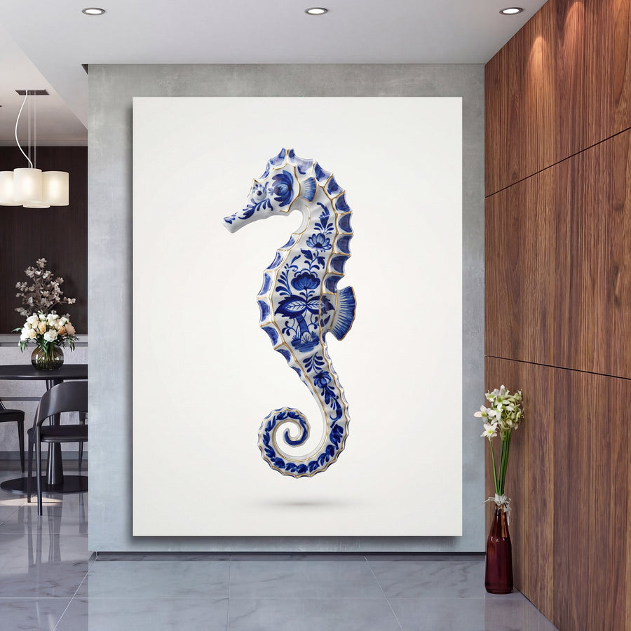 Luxury canvas print with a blue-and-white porcelain seahorse, lifestyle photo in a modern office