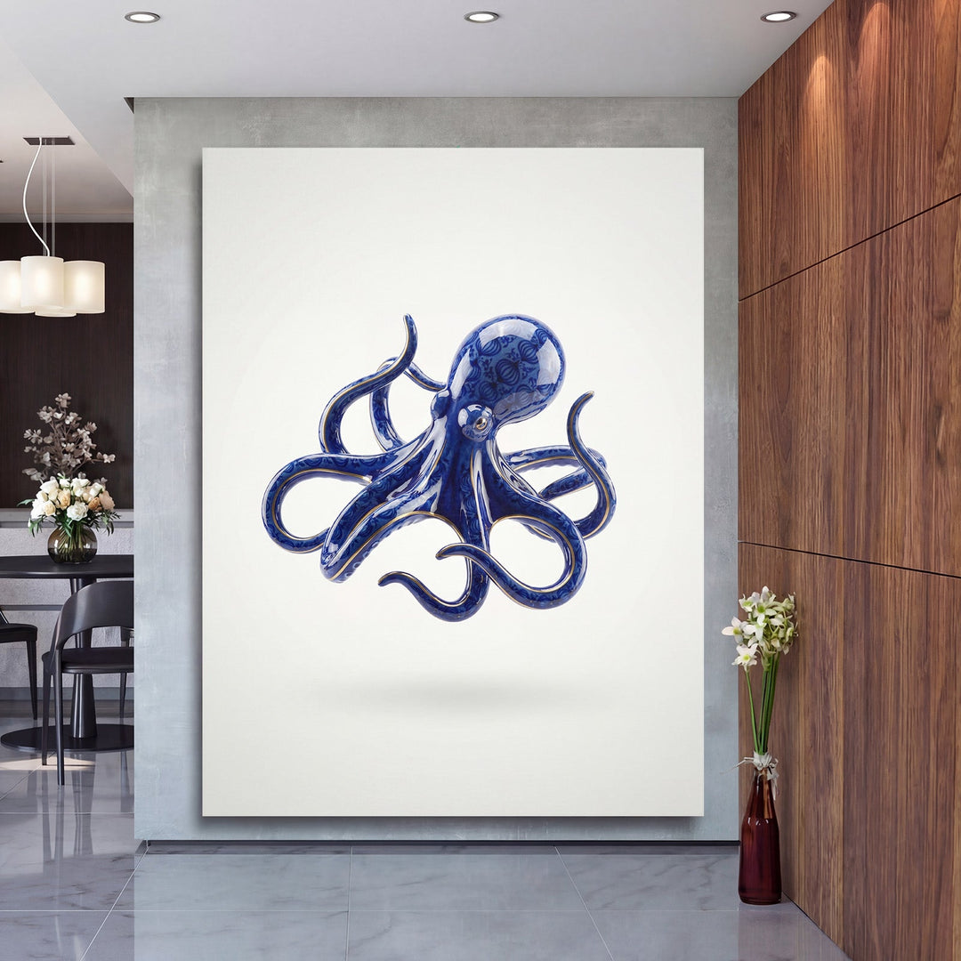 Modern canvas print with a blue ocean octopus in an elegant interior with floral decor