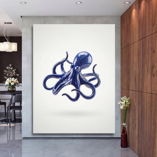 Modern canvas print with a blue ocean octopus in an elegant interior with floral decor