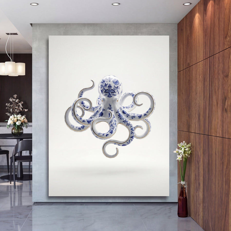 Modern canvas print with a porcelain octopus in a luxury office, designer wall art