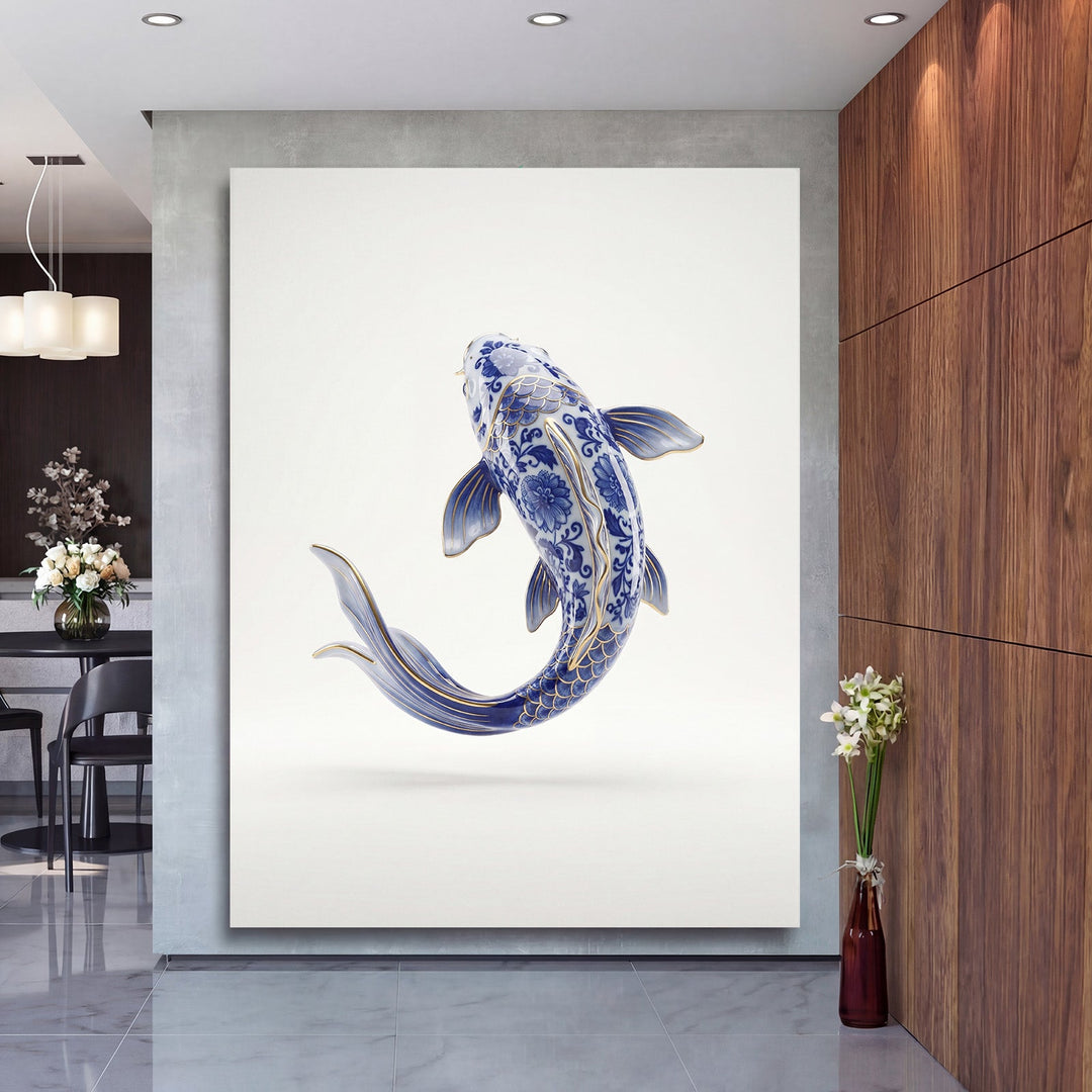 Luxury wall art with a blue-and-white porcelain koi fish in a modern elegant interior