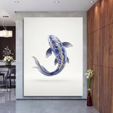 Luxury wall art with a blue-and-white porcelain koi fish in a modern elegant interior