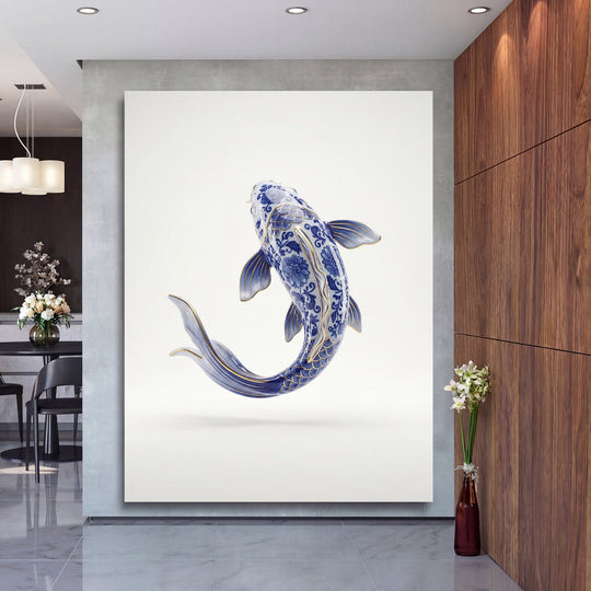 Luxury wall art with a blue-and-white porcelain koi fish in a modern elegant interior