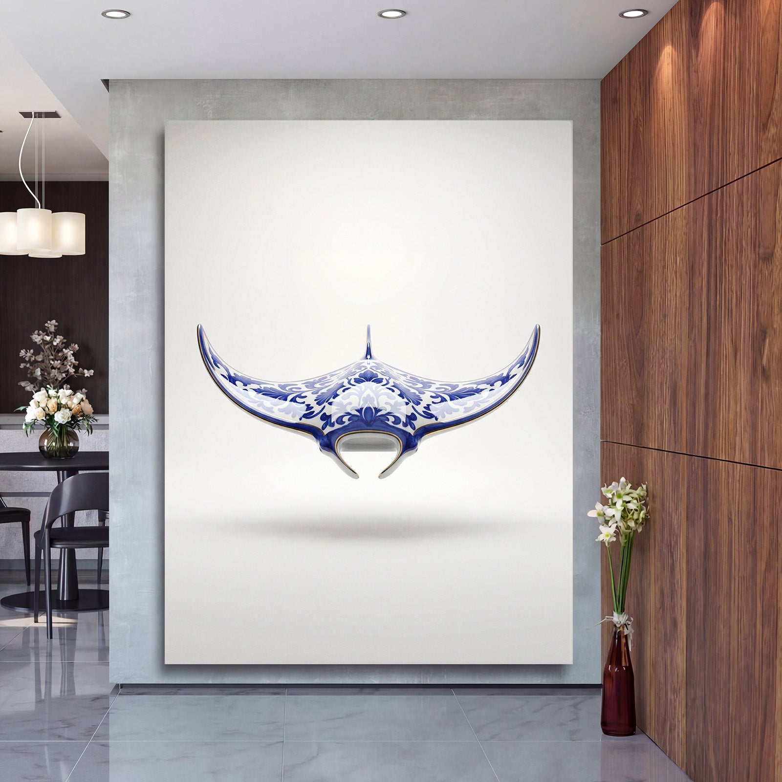 Modern canvas print with a blue-and-white porcelain manta motif in a luxury minimalist dining room