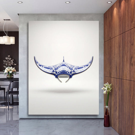 Modern canvas print with a blue-and-white porcelain manta motif in a luxury minimalist dining room