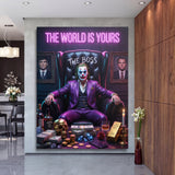 Motivational pop art wall art with a neon quote, a clown in a purple suit and money and gold motifs