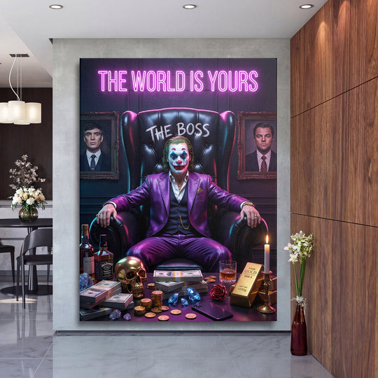 Motivational pop art wall art with a neon quote, a clown in a purple suit and money and gold motifs