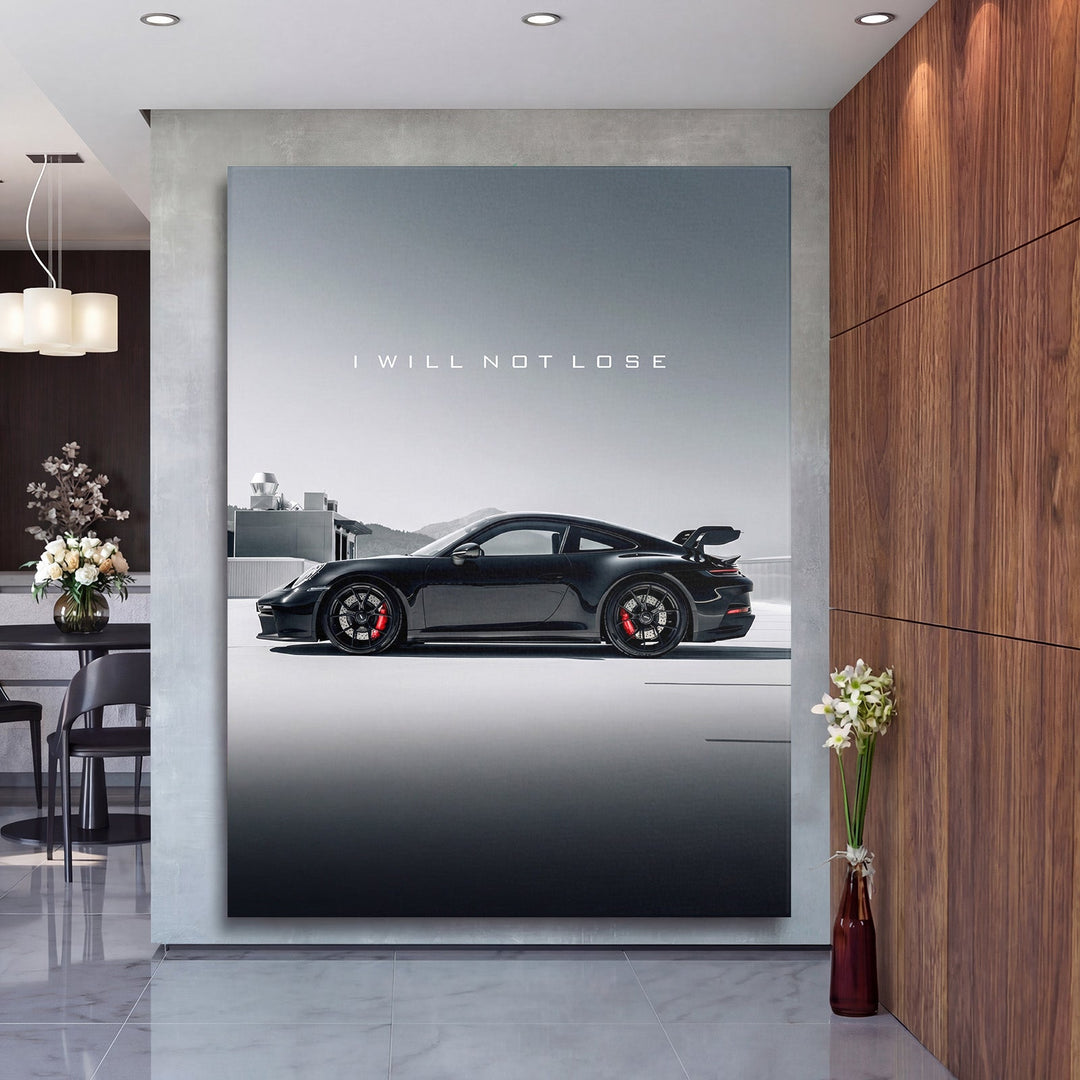 Motivational canvas wall art with black sports car and text "I WILL NOT LOSE" in a modern interior