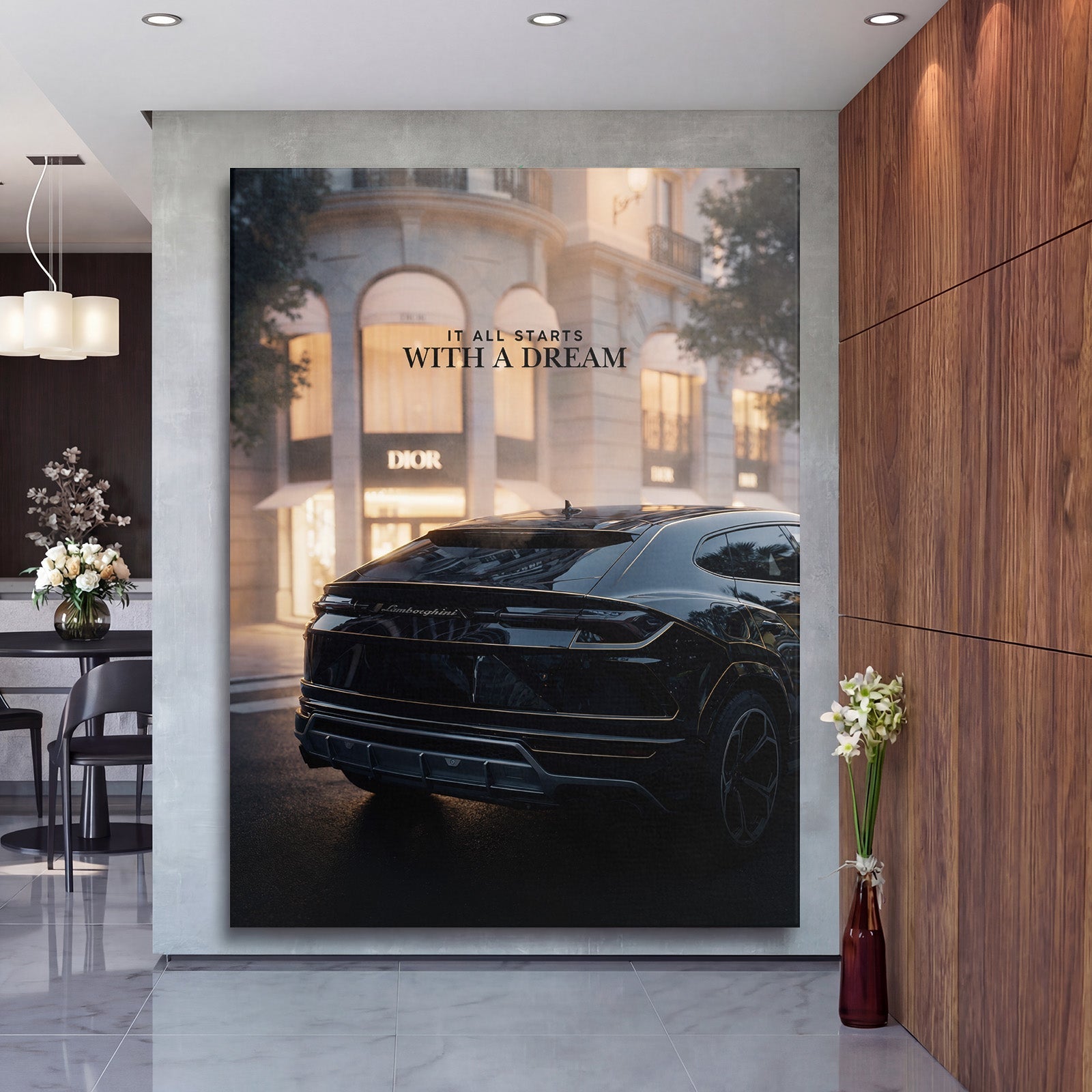 Motivational wall art with a black Lamborghini in front of a Dior boutique and the quote “It All Starts With a Dream” in a modern hall