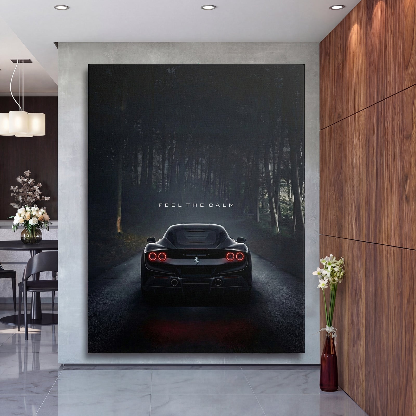 Motivational canvas wall art with black sports car in night forest in a modern interior