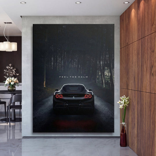 Motivational canvas wall art with black sports car in night forest in a modern interior
