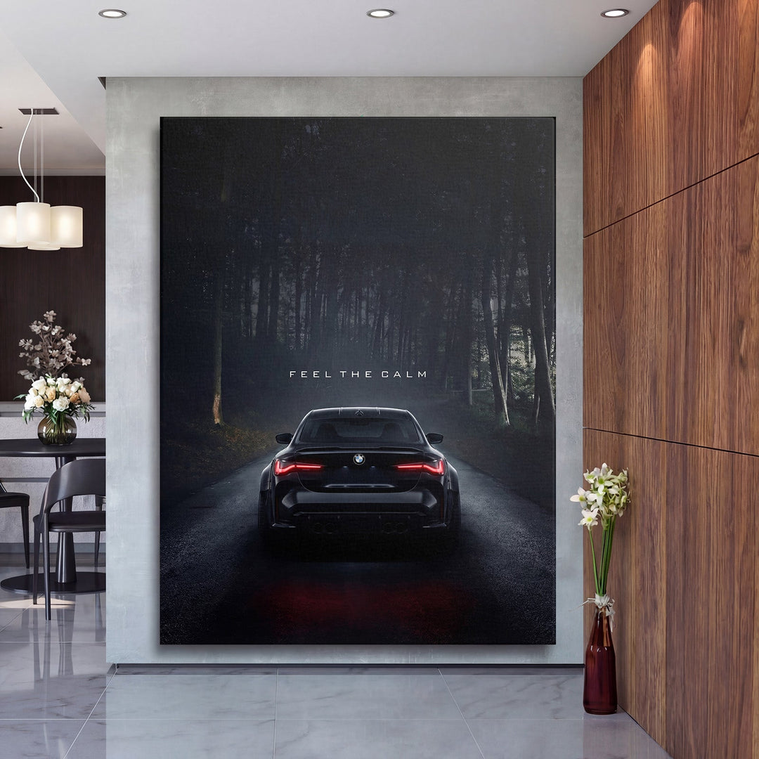 Motivational canvas print with a car on a forest road and the text “Feel the Calm”, minimalist lifestyle design