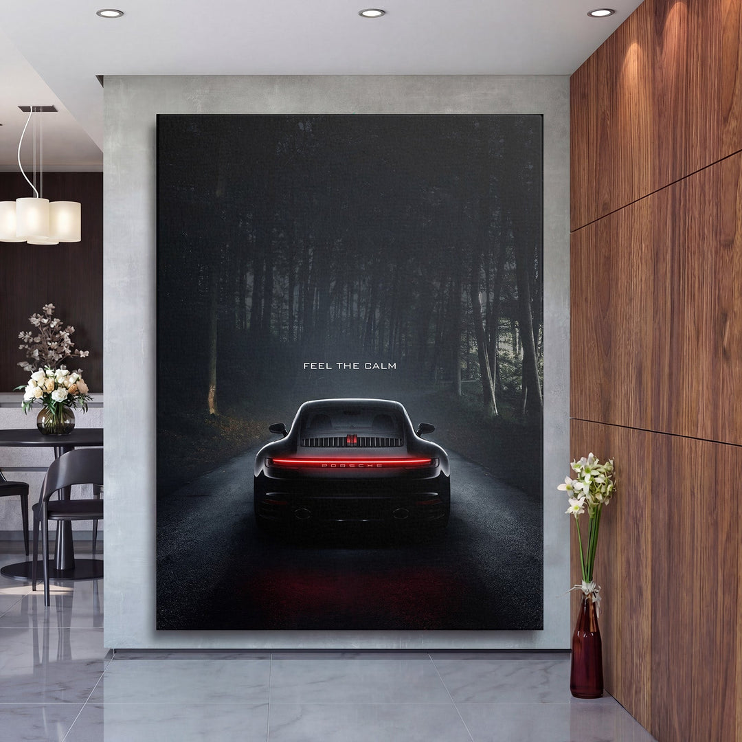 Motivational wall art with black Porsche on night forest road in luxury interior, carmotife lifestyle