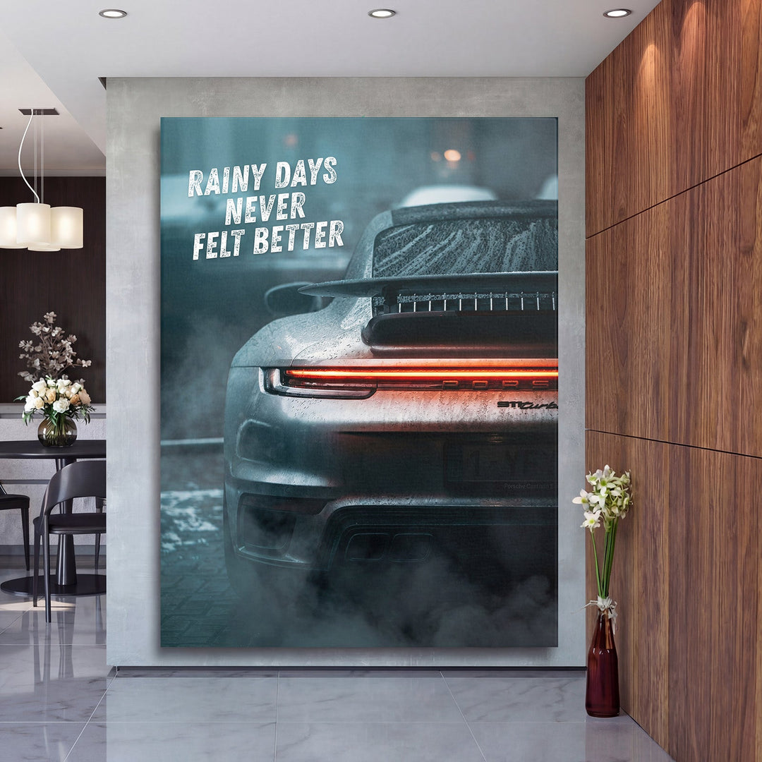 Motivational canvas wall art with rainy luxury sports car and quote Rainy Days Never Felt Better