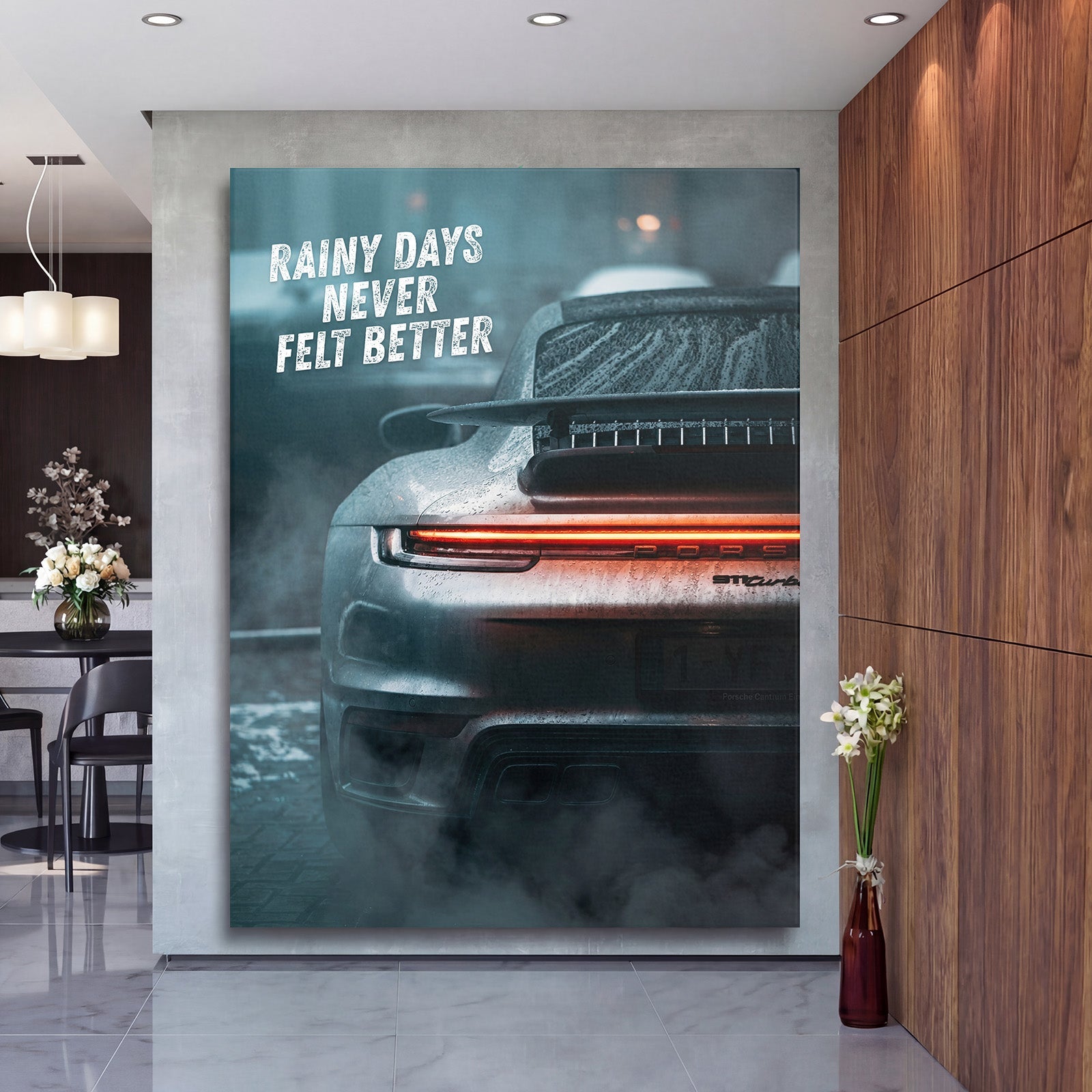 Motivational canvas wall art with rainy luxury sports car and quote Rainy Days Never Felt Better