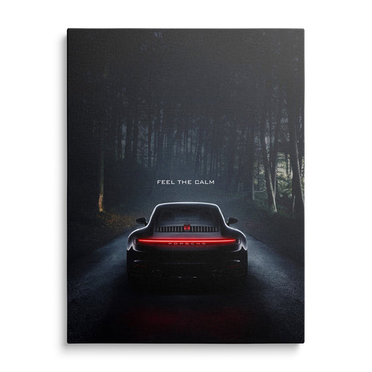 Luxury canvas wall art with black Porsche front view on quiet forest road, minimalist carmotife motif