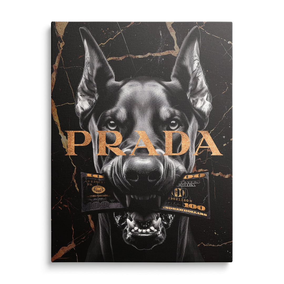 Pop art wall art Doberman with gold banknotes on black background as motivational canvas wall art