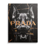 Pop art wall art Doberman with gold banknotes on black background as motivational canvas wall art