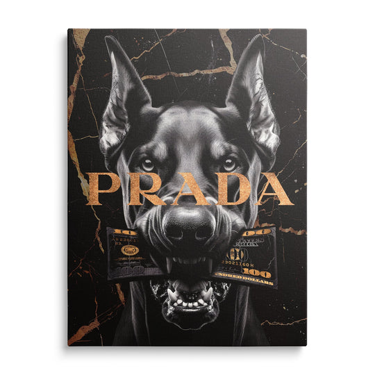 Pop art wall art Doberman with gold banknotes on black background as motivational canvas wall art