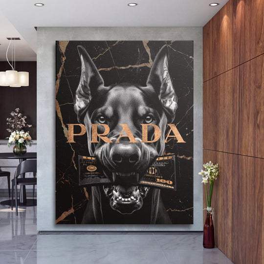 Motivational wall art, black dog with a banknote in its mouth and text Prada in a modern office, pop art style