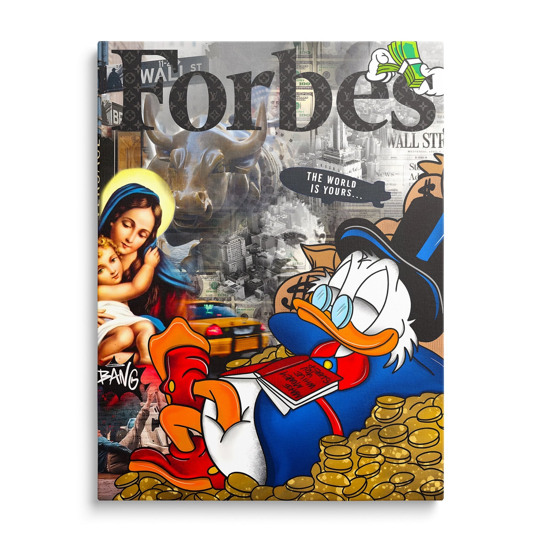 Motivational pop art canvas print with Scrooge McDuck on pile of coins, dollars, Wall Street and mrakodrapy