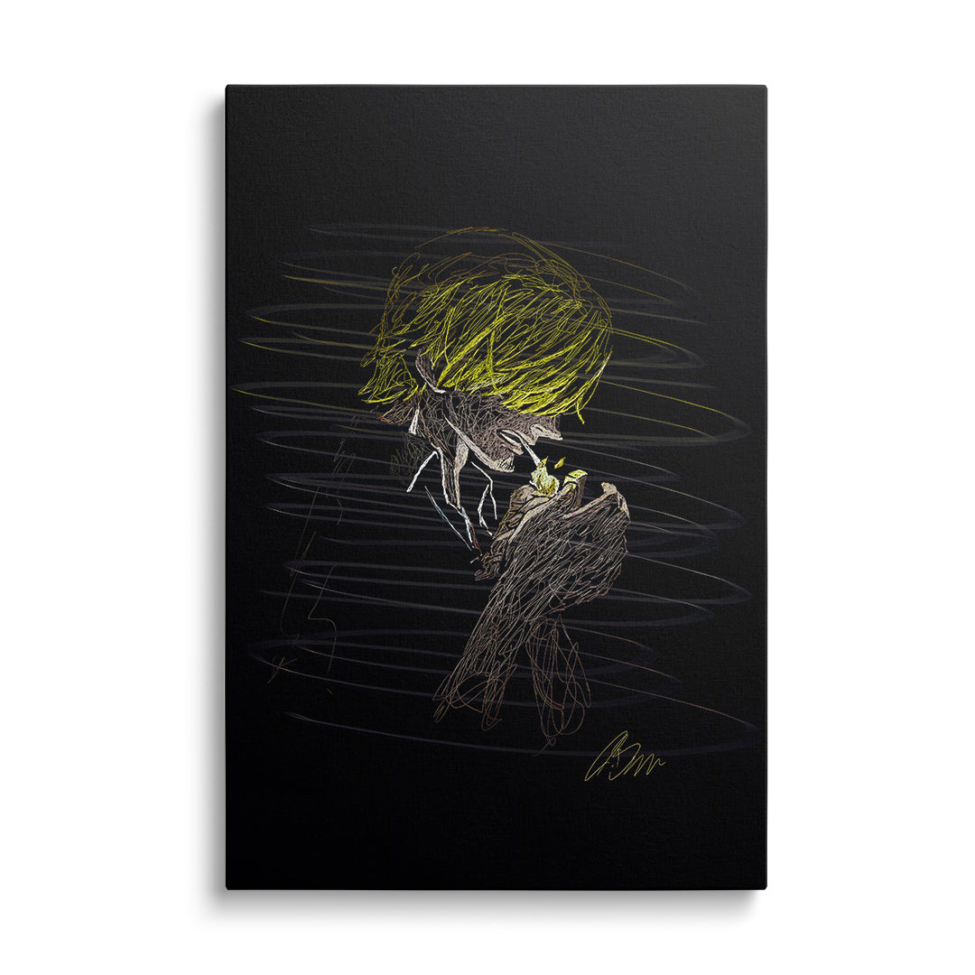 Modern canvas wall art showing the profile of an anime character lighting a cigarette, minimalist street art, black-and-white silhouette