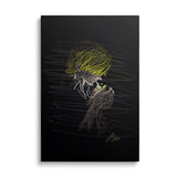 Modern canvas wall art showing the profile of an anime character lighting a cigarette, minimalist street art, black-and-white silhouette