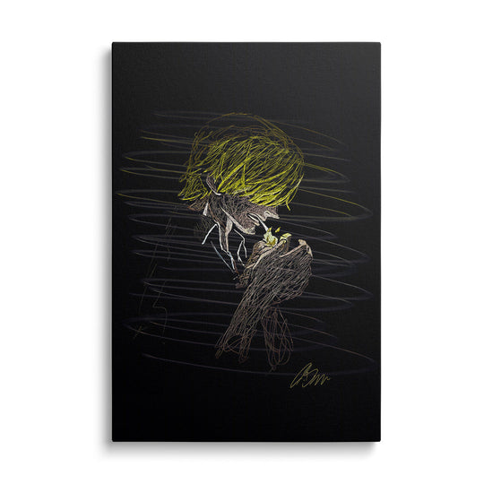 Modern canvas wall art showing the profile of an anime character lighting a cigarette, minimalist street art, black-and-white silhouette