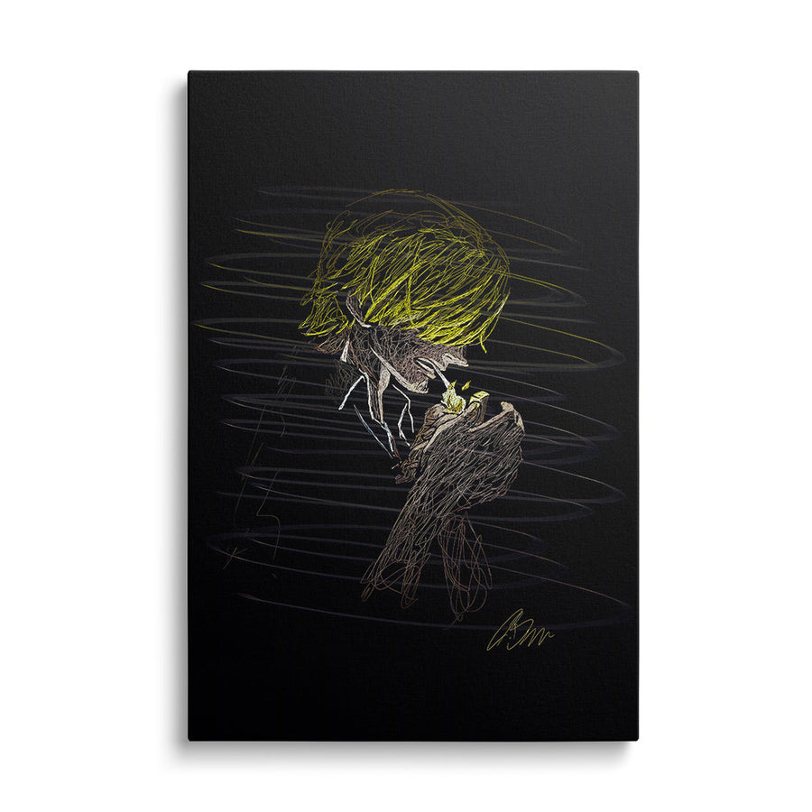 Modern canvas wall art showing the profile of an anime character lighting a cigarette, minimalist street art, black-and-white silhouette
