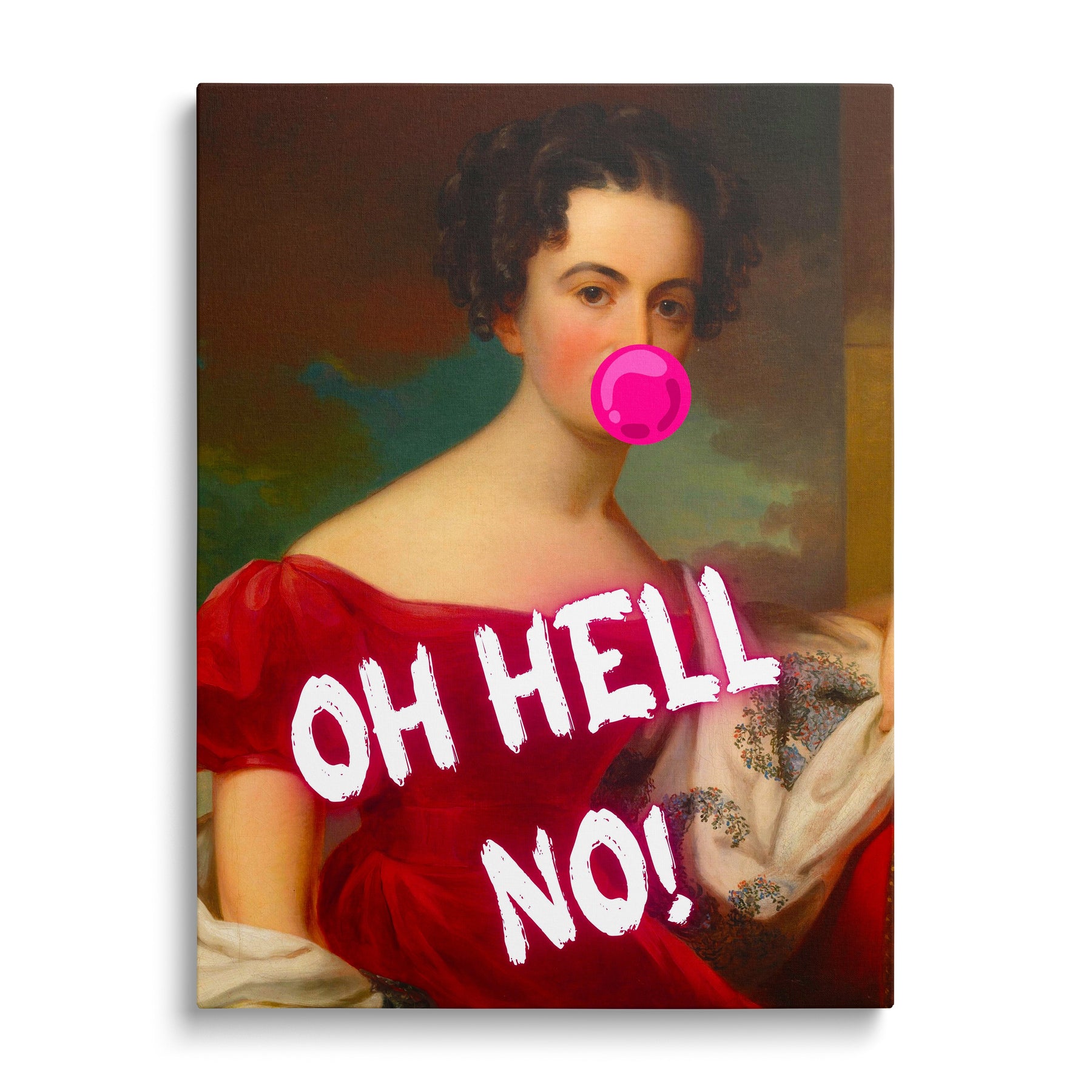 Pop art wall art of a woman in a red dress with a pink bubble gum bubble reading OH HELL NO