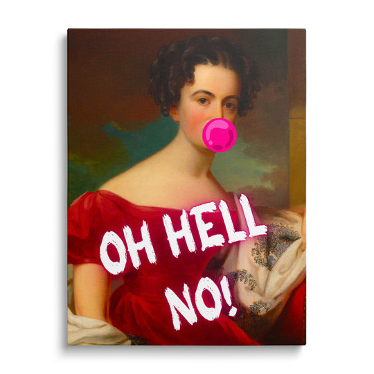 Pop art wall art of a woman in a red dress with a pink bubble gum bubble reading OH HELL NO