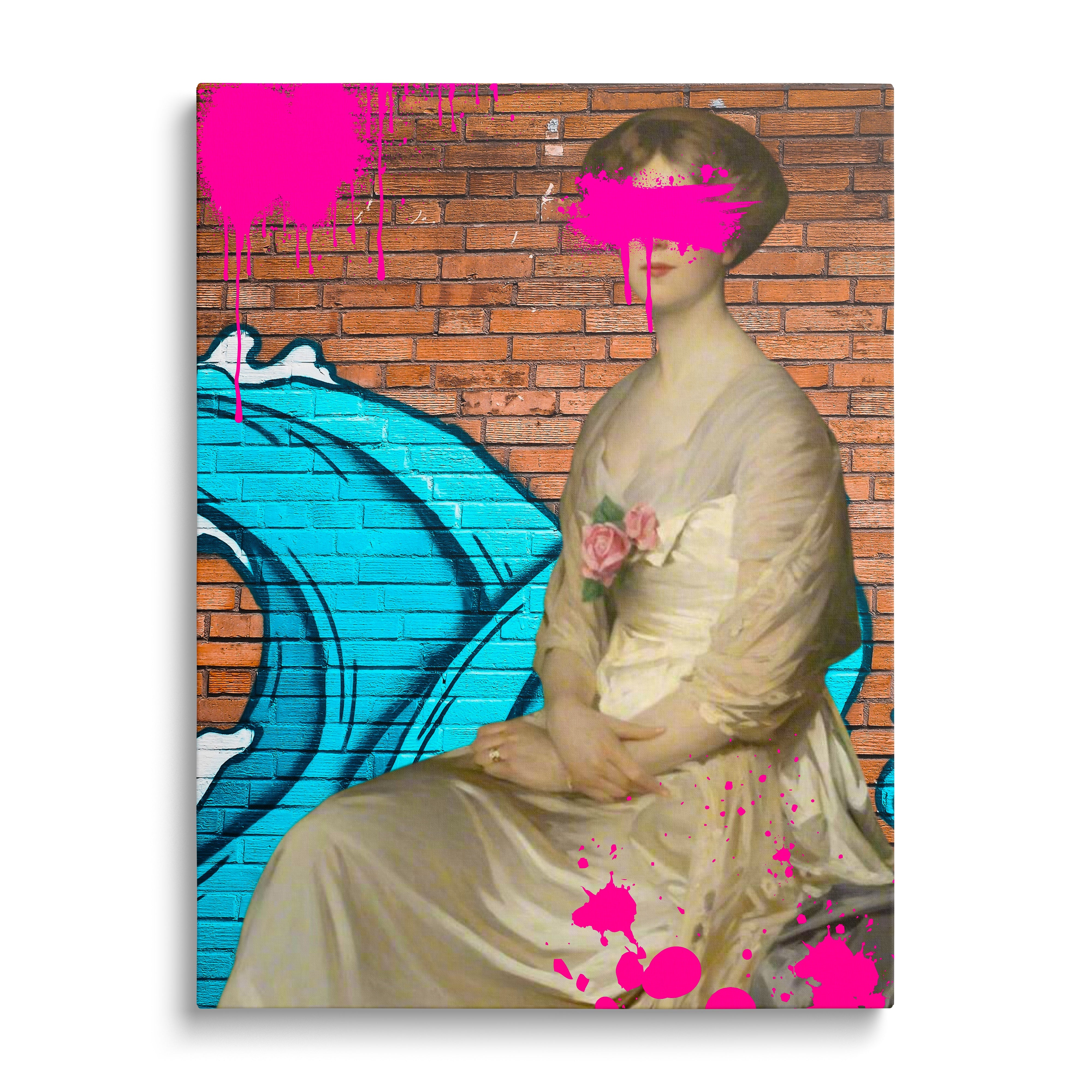 Modern pop art canvas print with a portrait of a lady in a gown on a neon graffiti street art background