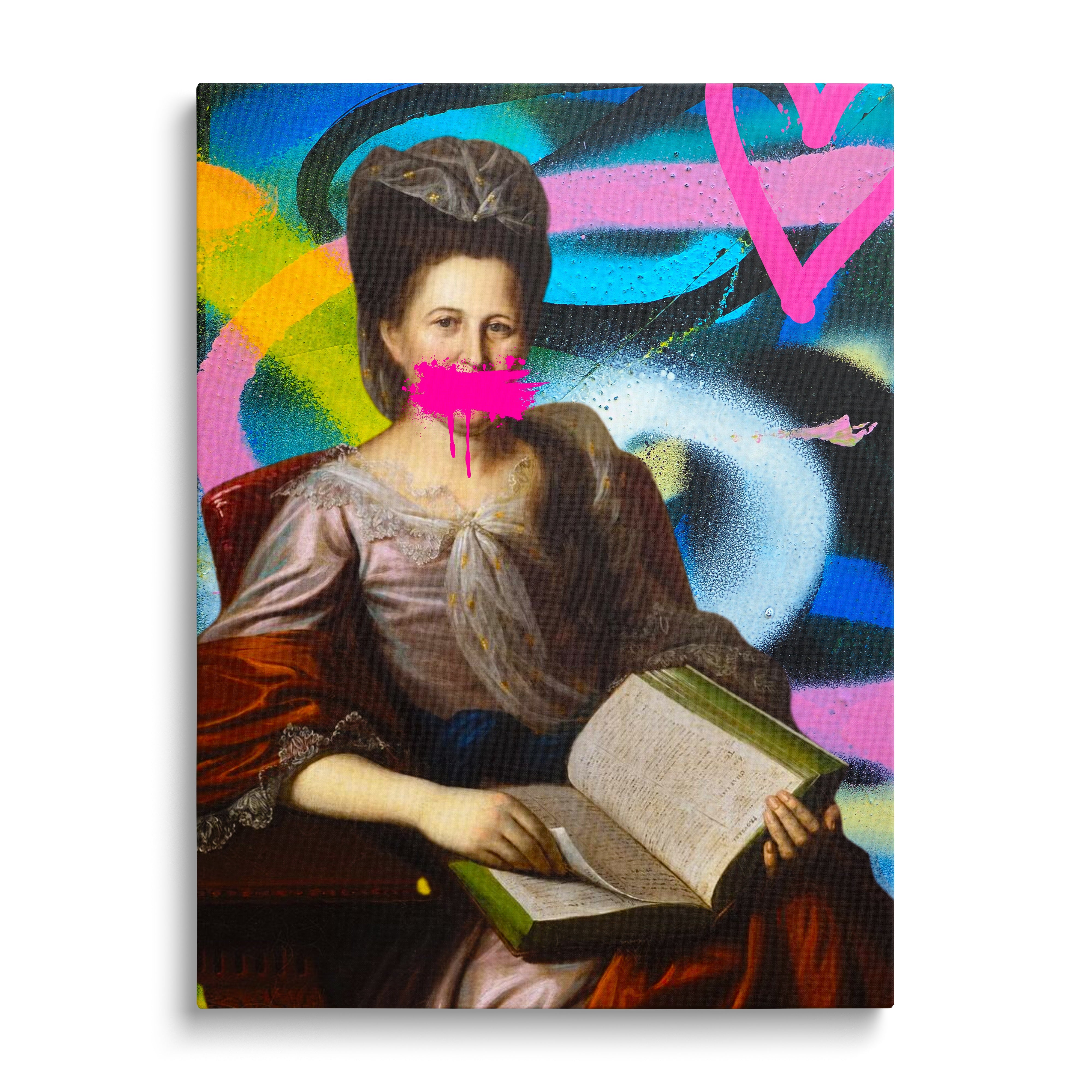 Pop art canvas print with a retro portrait of a woman reading a book and a pink graffiti mark across her mouth