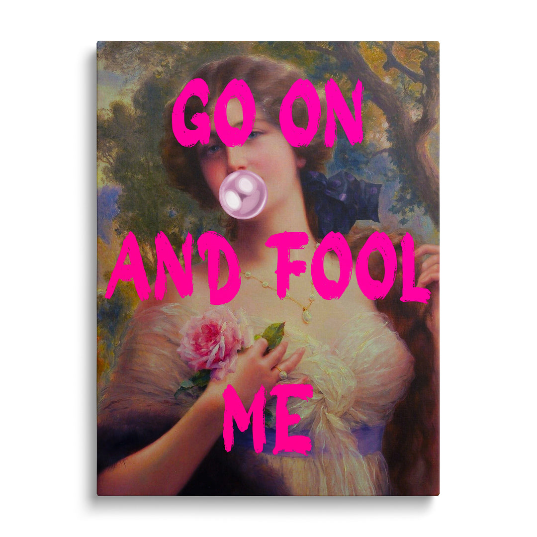 Pop art canvas print with a portrait of a woman, rose, pink bubble gum and front-facing text