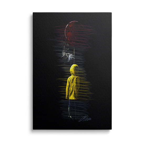 Modern canvas print with a figure in a yellow raincoat and a red balloon in a dark horror style