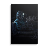 Modern canvas print with a neon outline of a man and dog in a minimalist street art style