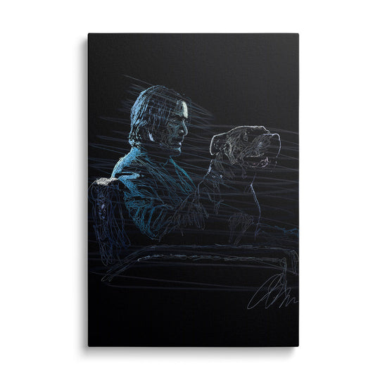 Modern canvas print with a neon outline of a man and dog in a minimalist street art style