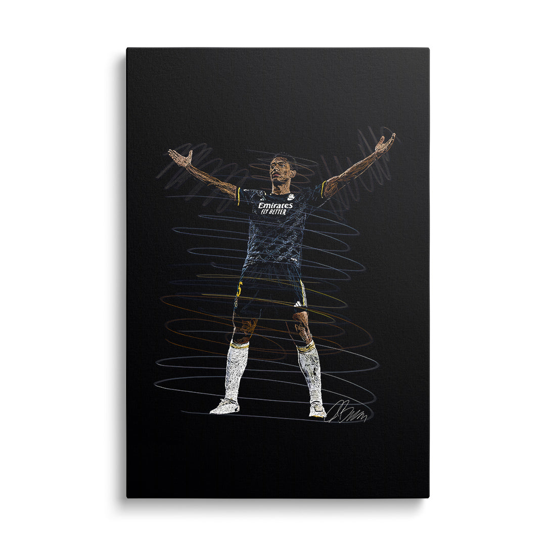 Pop art canvas print of a football player making a victory gesture on a black background, motivational wall art