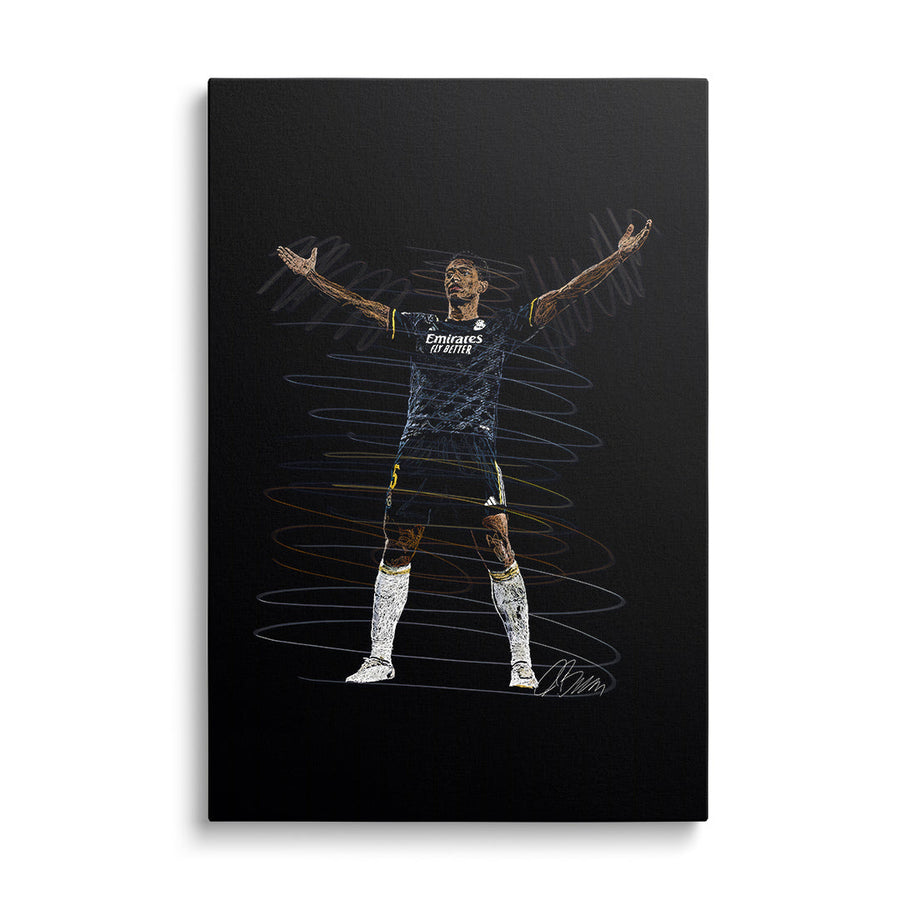 Pop art canvas print of a football player making a victory gesture on a black background, motivational wall art