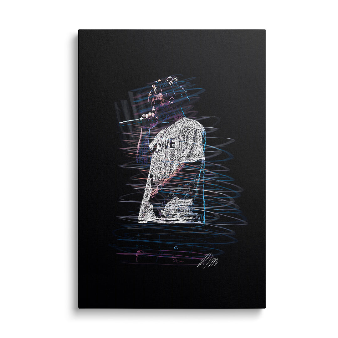 Pop art canvas print with a neon line-art portrait of a rapper holding a microphone, modern front-view artwork
