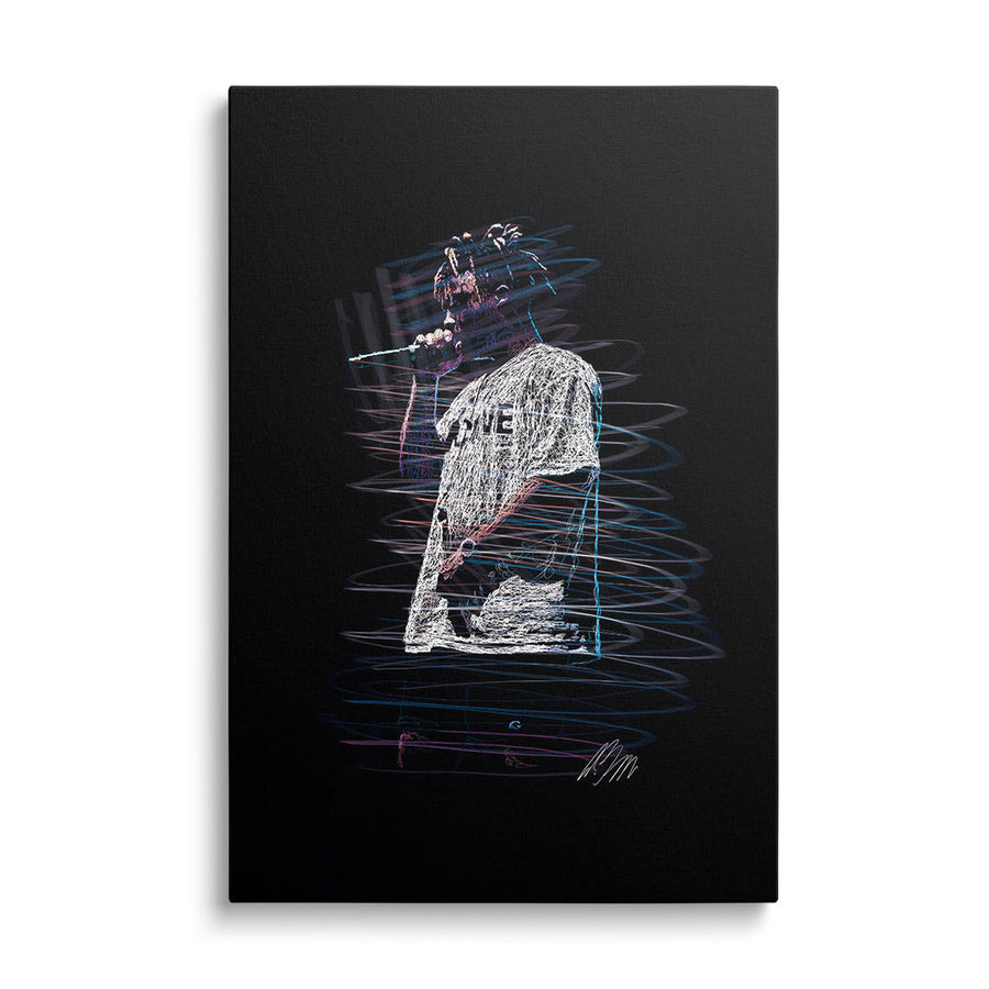 Pop art canvas print with a neon line-art portrait of a rapper holding a microphone, modern front-view artwork