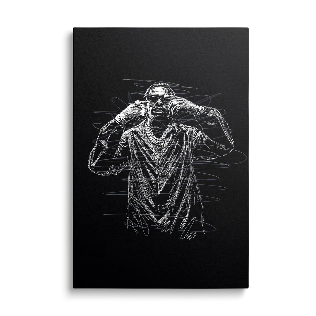 Pop art canvas wall art featuring a black-and-white sketch of a rapper in glasses and chains, front view.