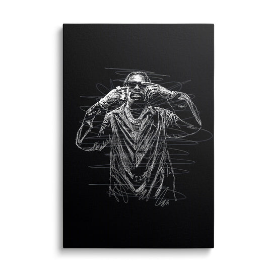 Pop art canvas wall art featuring a black-and-white sketch of a rapper in glasses and chains, front view.