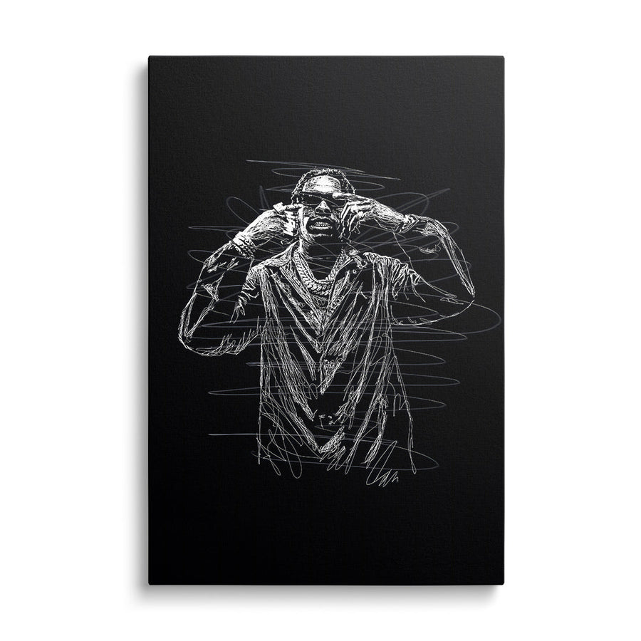 Pop art canvas wall art featuring a black-and-white sketch of a rapper in glasses and chains, front view.
