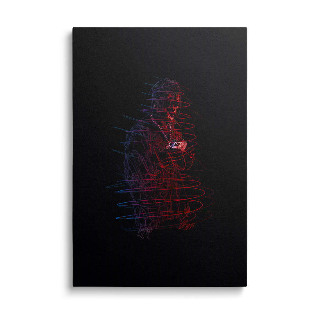Modern canvas wall art with a neon line art drawing of a rapper holding a phone in red-and-blue pop art style.