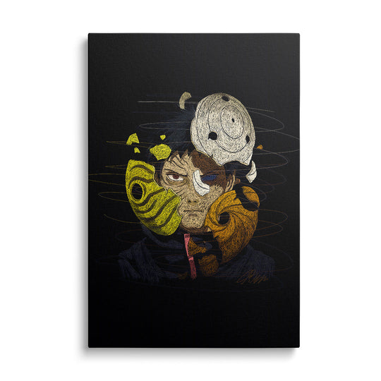 Modern canvas wall art with a bold anime mask in color manga graphics, front view.