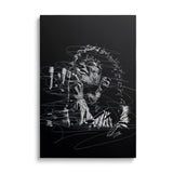 Pop art wall art of Michael Jackson, black-and-white line art sketch on black canvas, minimalist front-view portrait.