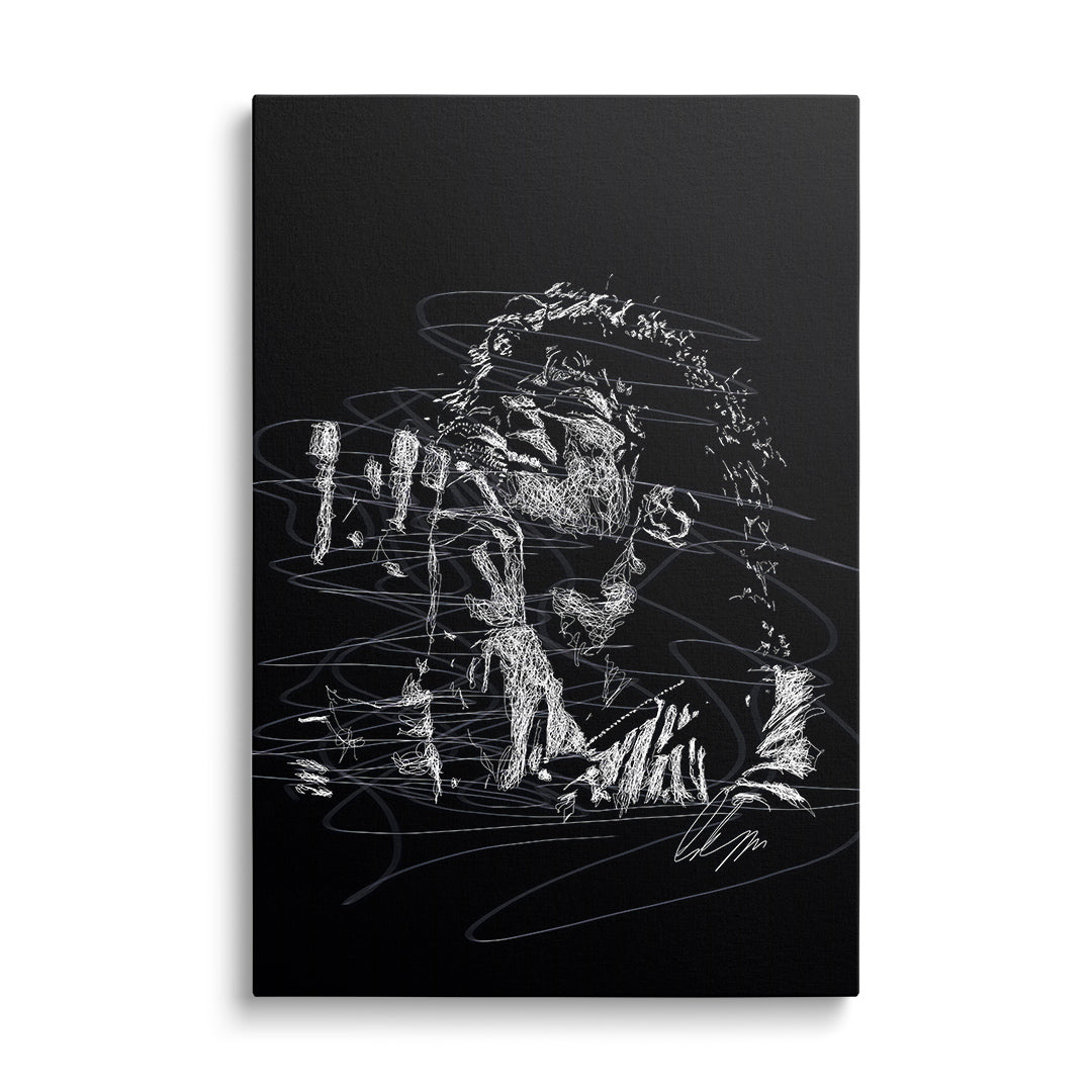Pop art wall art of Michael Jackson, black-and-white line art sketch on black canvas, minimalist front-view portrait.