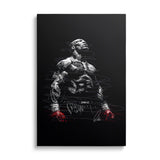 Motivational canvas wall art with a minimalist line art boxer in red gloves, front view, symbol of strength and determination.